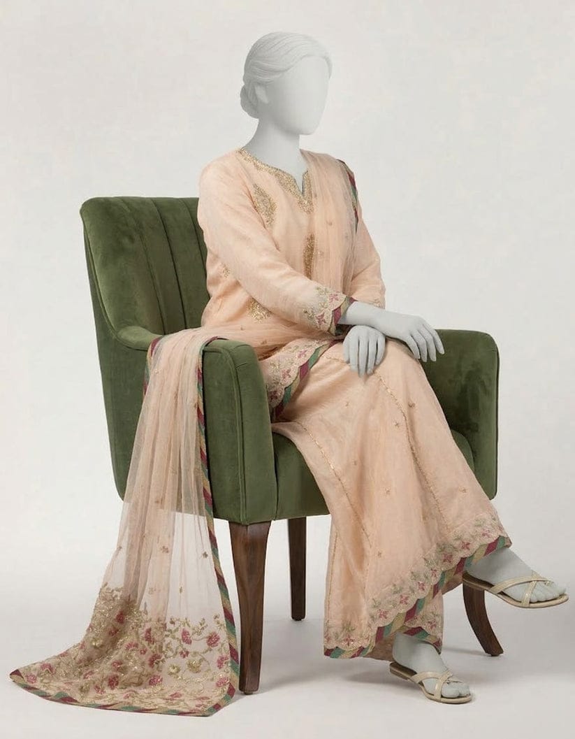 3PC Paper Cotton Embroidered Suit